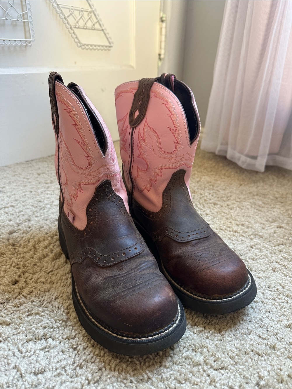 Justin Boots Brown Leather Foot with Pink Stitch-Accent Kids Western Boots